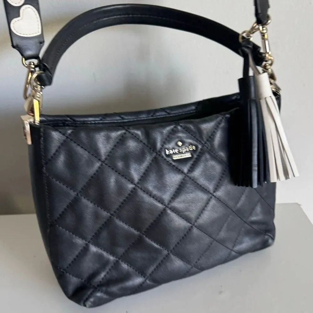 Kate Spade Quilted Leather Crossbody Bag With Embroidery Heart Strap & Tassels